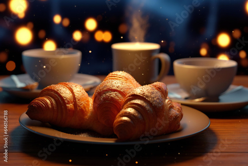 3d realistic croissant with coffe. New Year's lights and the Christmas atmosphere.