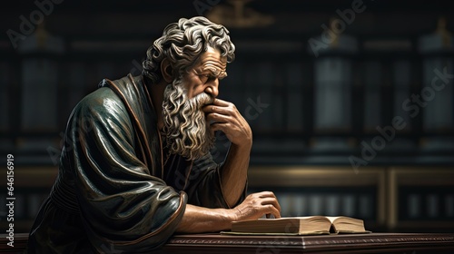 The figure of an elderly man sitting thoughtfully over a book. Greek philosopher. Education and training concept. Illustration for banner, poster, cover, brochure or presentation.