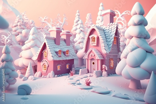 Fantasy christmas cottage, pop up, on the snow, christmas trees, peaceful atmosphere