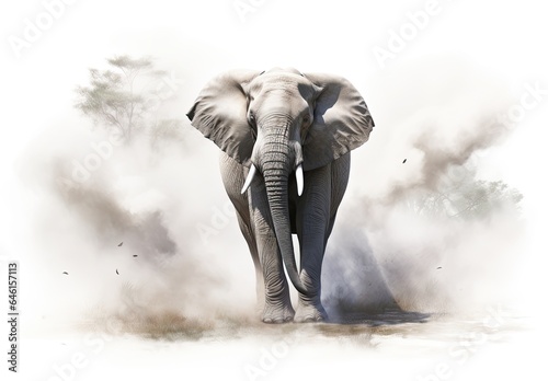 A lone elephant approaches. Realistic wild animal illustration. Design for cover  card  postcard  interior design  decor or print.