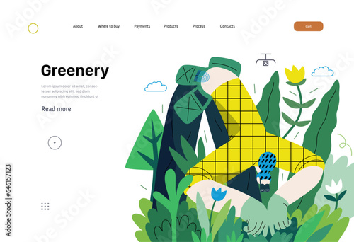 Greenery, ecology -modern flat vector concept illustration of a female gardener carrying the plants. Metaphor of environmental sustainability and protection, closeness to nature