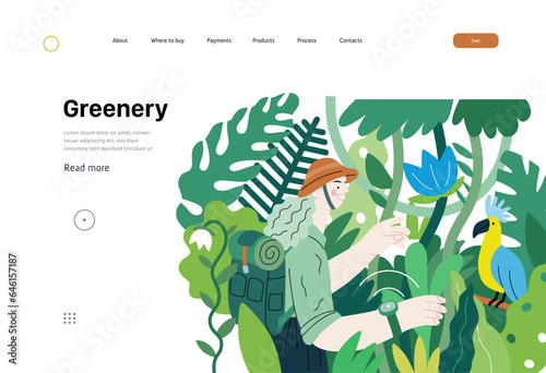 Greenery, ecology -modern flat vector concept illustration of a woman exploring the jungle and a wild bird in a tree. Metaphor of environmental sustainability and protection, closeness to nature