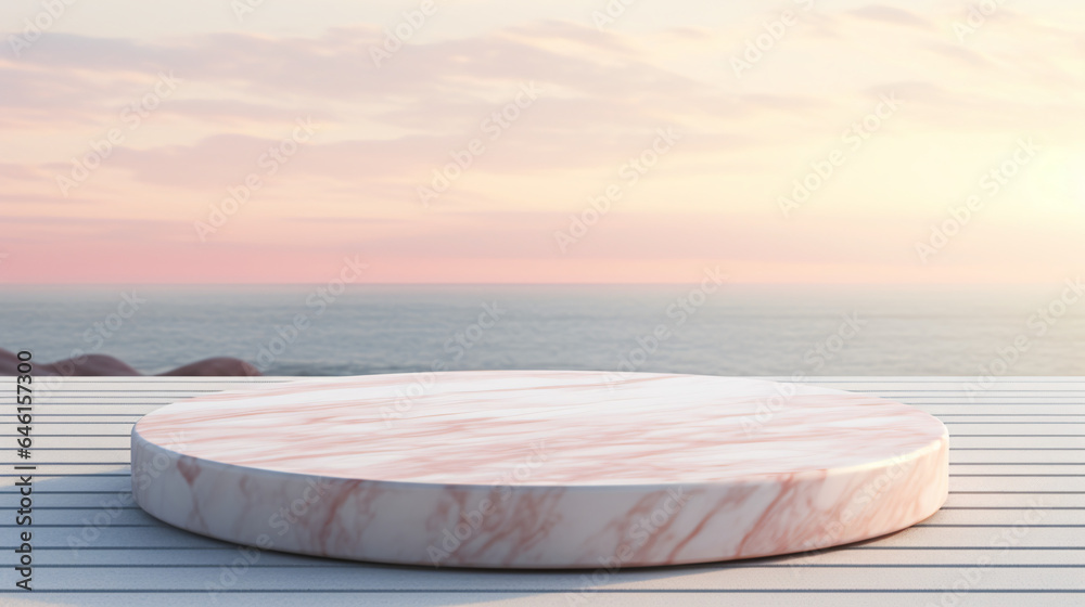Round marble platform on ocean sunset background