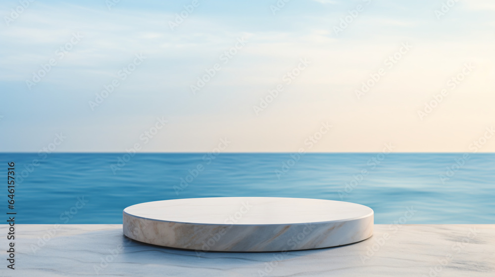 Round marble platform on ocean sunset background