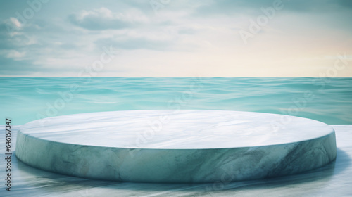 Round marble platform on ocean sunset background