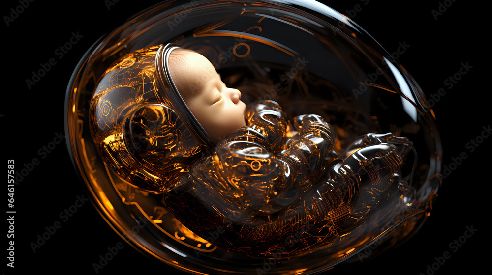 fantasy about an alien baby, the development of technology in a future where children are born outside the womb and are programmed and taught by extraterrestrial technologies before birth, fiction