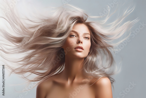 happy young woman with well-groomed flying hair portrait, caucasian woman showing perfect long hair for advertising hair care products