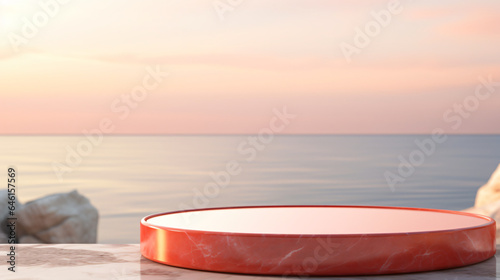 Round marble platform on ocean sunset background © HY