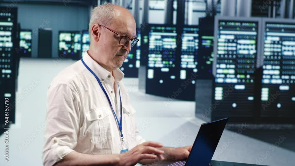 Competent inspector expertly managing data while navigating in industrial server room. Experienced system administrator ensuring optimal cybersecurity protection, optimizing systems Competent inspector expertly managing data while navigating in industrial server room. Experienced system administrator ensuring optimal cybersecurity protection, optimizing systems