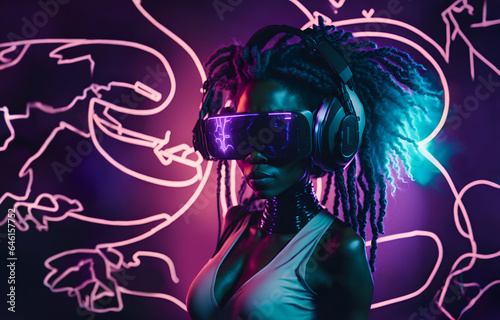 Beautiful black curly-haired woman wearing headphones with neon lights in the background