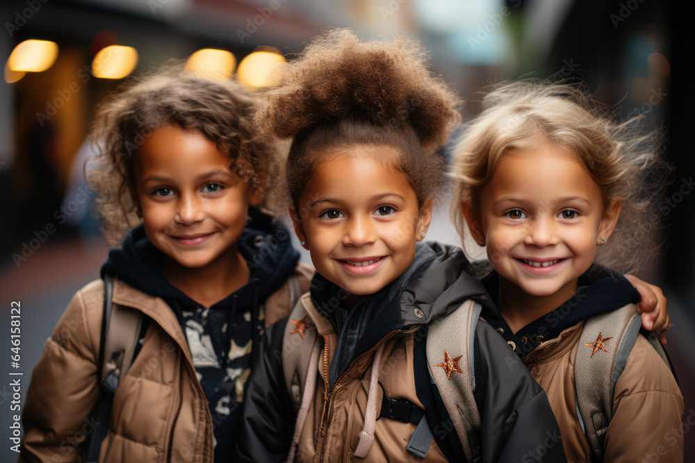 A group of excited children waiting at a bus stop with backpacks on the first day of school. Generative AI. A group of excited children waiting at a bus stop with backpacks on the first day of school. Generative AI.