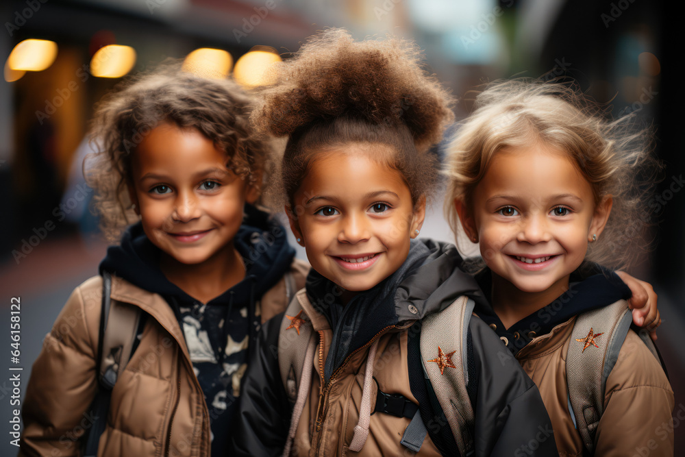 A group of excited children waiting at a bus stop with backpacks on the first day of school. Generative AI.