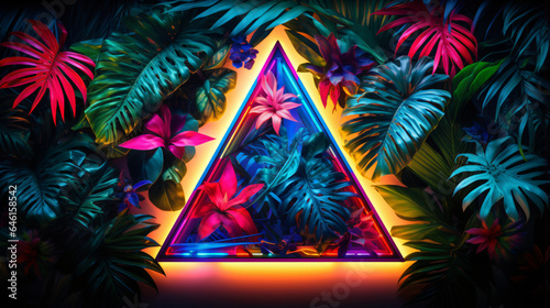 Multicolor triangle neon light, tropical jungle floral background