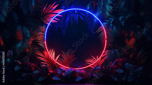 Blue and red circle neon light, tropical jungle floral background