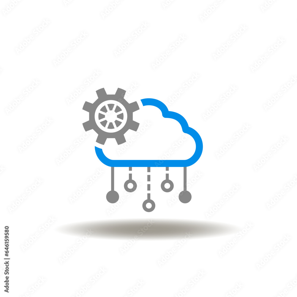 Vector illustration of cloud and gear wheel and network circuit pattern. Symbol of API. Icon of web hosting, server. Vector illustration of cloud and gear wheel and network circuit pattern. Symbol of API. Icon of web hosting, server.