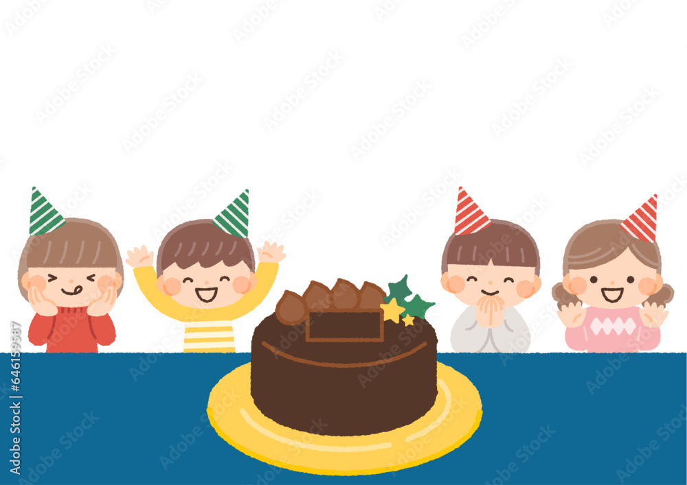クリスマスのチョコレートケーキと喜ぶ子供達のイラスト素材 クリスマスのチョコレートケーキと喜ぶ子供達のイラスト素材