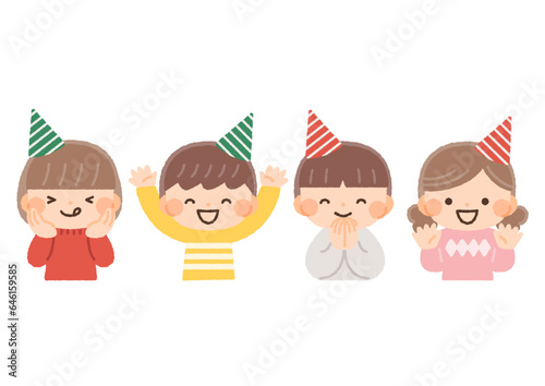パーティー帽子をかぶって喜ぶ子供達のイラスト素材