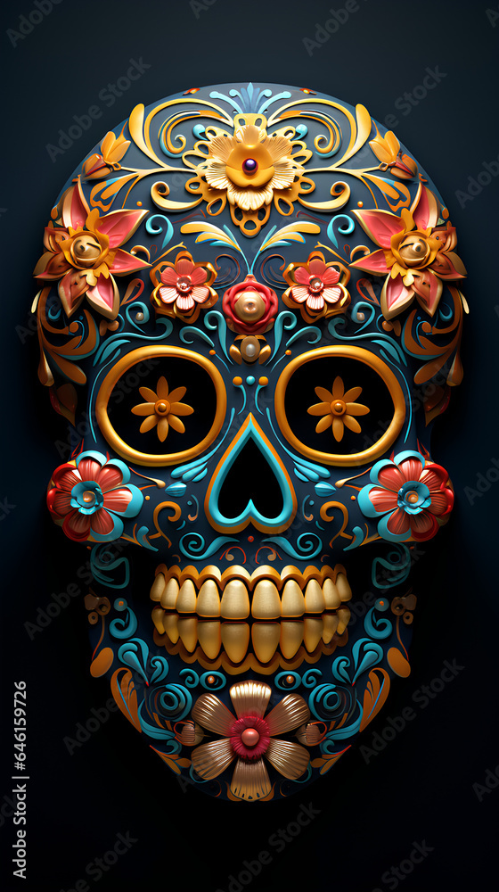 Original Mexican skulls. Skulls decorated with flowers for Halloween and the day of the dead.
