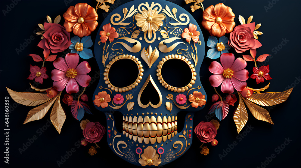 Original Mexican skulls. Skulls decorated with flowers for Halloween and the day of the dead.