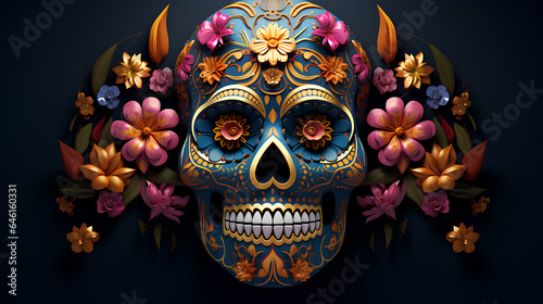 Original Mexican skulls. Skulls decorated with flowers for Halloween and the day of the dead. © Moon Project