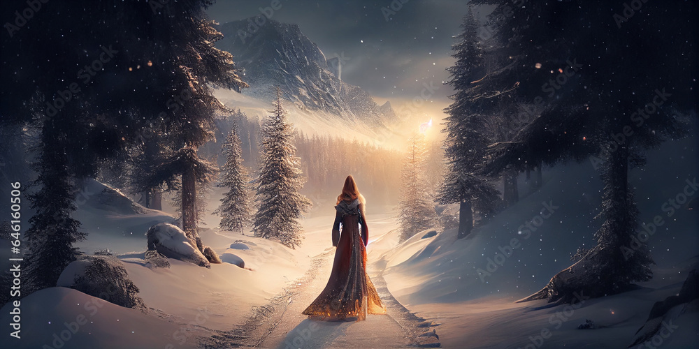 © Tatiana - Princess on the path in a fabulous winter evening snowy forest, view from the back. Generative AI