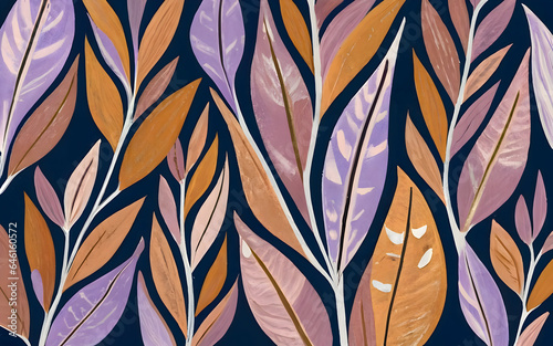 Leaves and branches plant modern abstract acrylic or gouache painting. Boho floral botanical illustration in natural nude colors with gold details and dark background. (ID: 646160572)