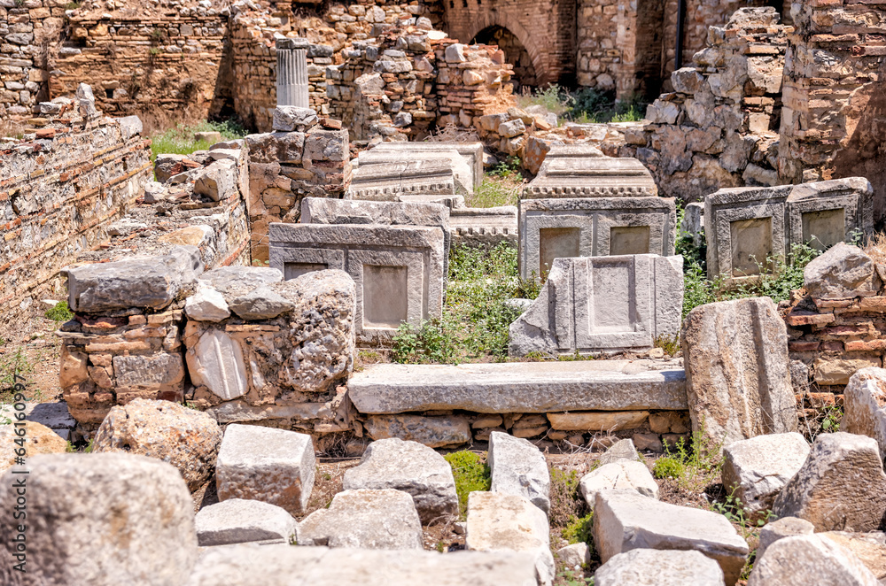 Ephesus, Turkey - July 24, 2023: Sights and architectural details of the ruins at Ephesus Turkey
