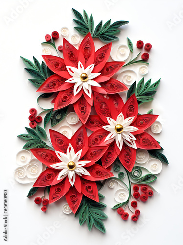 Red and White Quilled Paper Poinsettias on White Background - Holiday 3D Papercraft Swag - Generative AI