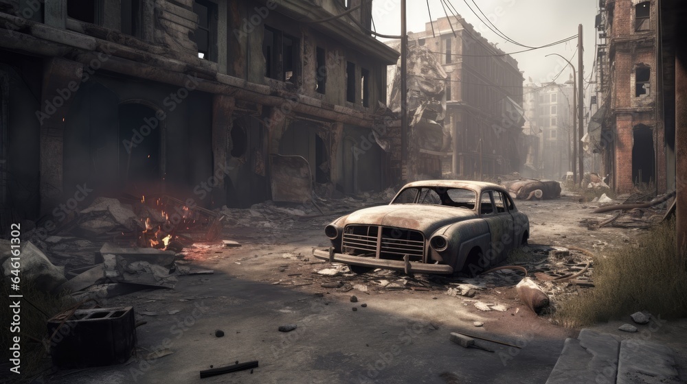  A Post - Apocalyptic Ruined City Destroyed Buildings Burnt Out Vehicles and Ruined Roads Illustration