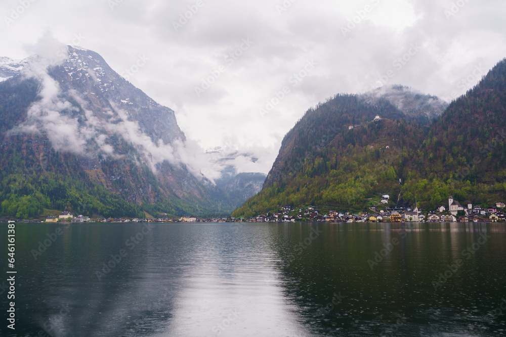 Shot of the lake of Hallstat overlooking the Austrian Alps