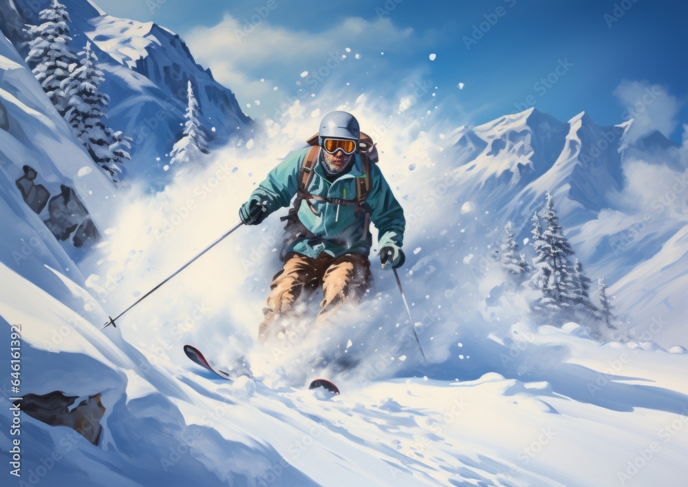 A snowboarder rides a board on a snowy mountain, an extreme sport. AI generation