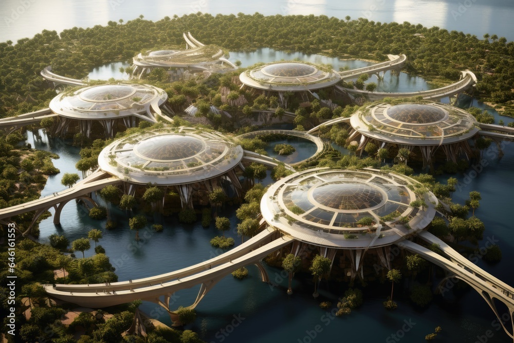 A futuristic modern city on water.
