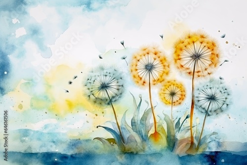 A dandelion blowball meadow in a watercolor style.
