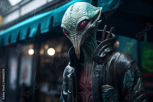 Extraterrestrial supernatural presence dressed in a futuristic jacket. Alien contrasts strongly with the urban landscape dressed in a jacket. Alien in a jacket in a cyberpunk world.