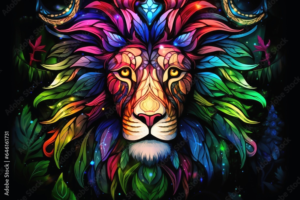 Obraz premium A stained glass lion on a dark background.
