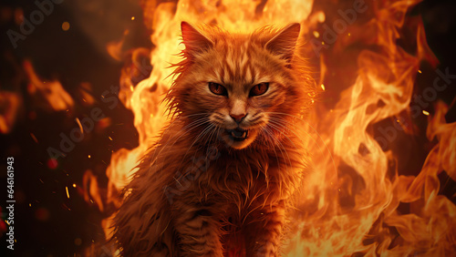 Illustration angry cat with red eyes in flames background © GreY