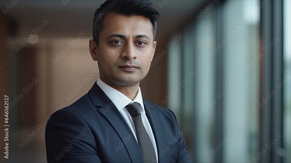 portrait of a handsome smiling asian indian businessman boss in a suit standing in his modern business company office. portrait of a handsome smiling asian indian businessman boss in a suit standing in his modern business company office.