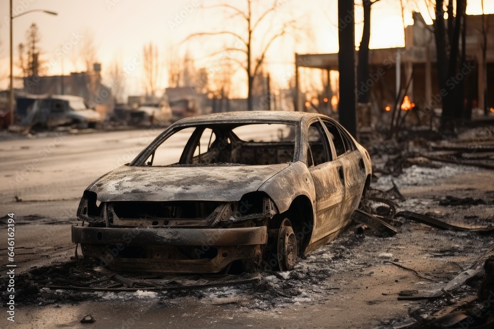 Completely burned out cars after natural disaster.