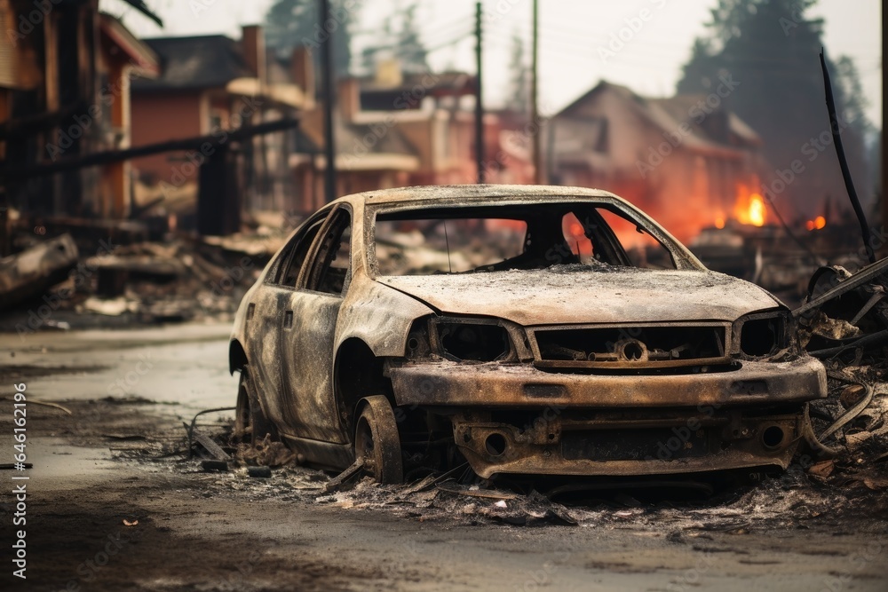 Obraz premium Completely burned out cars after natural disaster.