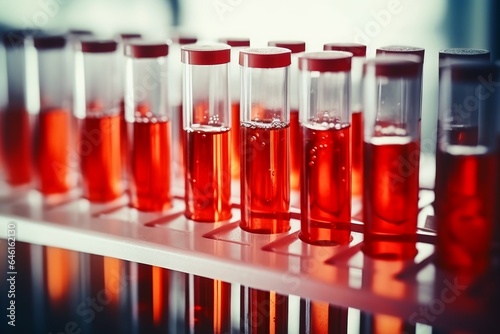 Close up view of test tubes with blood samples.