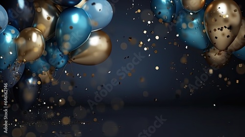 Realistic Festive Background With Golden And Blue Balloons Falling Confetti Blurry Background And A Bokeh Lights, generative ai