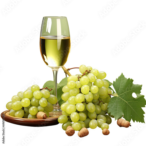 Cluster of green grapes and wine with a transparent background