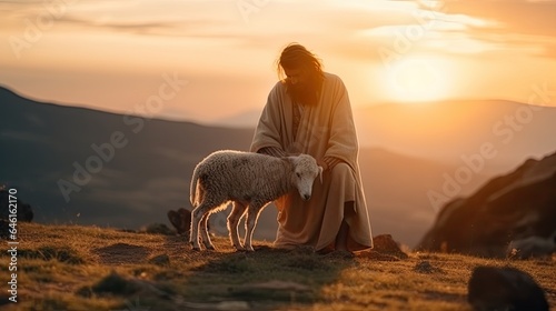 Shepherd Jesus Christ Taking Care of One Missing Lamb During Sunset, generative ai © 3D Station