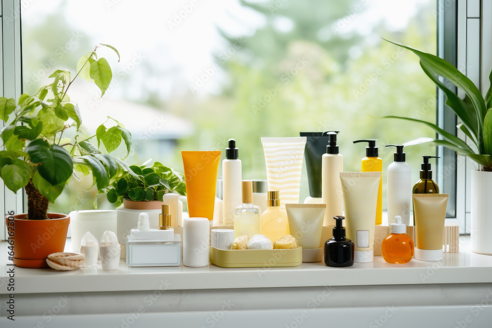 Numerous cosmetic and beauty products in a wellness bathroom. - obrazy, fototapety, plakaty 