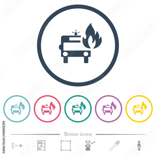 Fire engine with flame flat color icons in round outlines