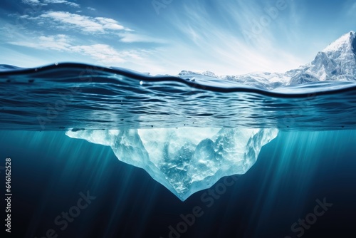 Underwater shot of an iceberg floating in water.