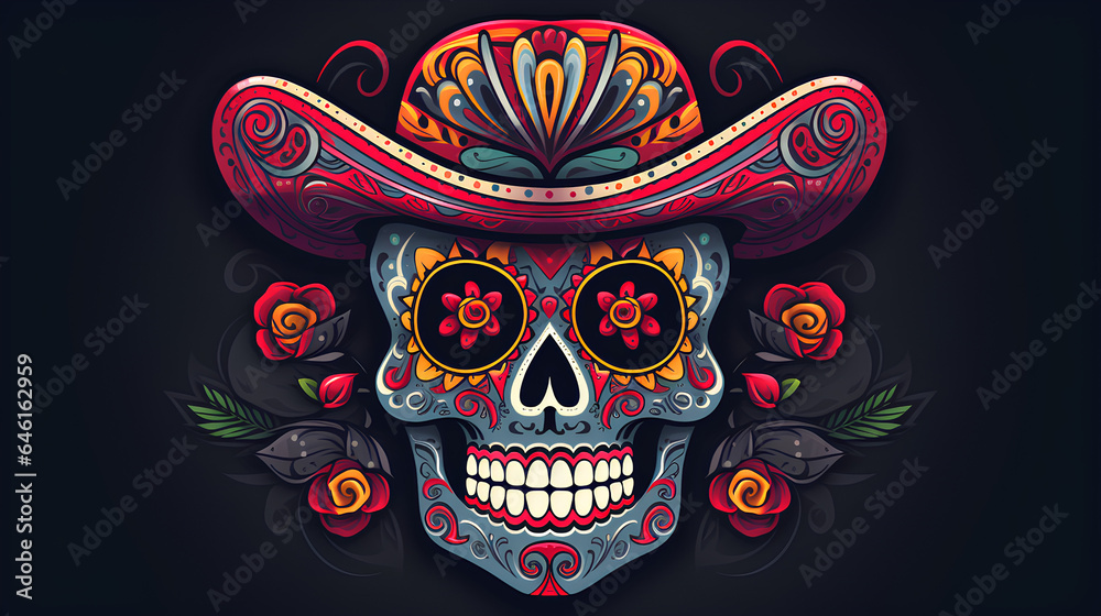 Obraz premium Illustrations of Mexican skulls decorated with makeup, tattoos and flowers. Skulls decorated with flowers for Halloween and the day of the dead.