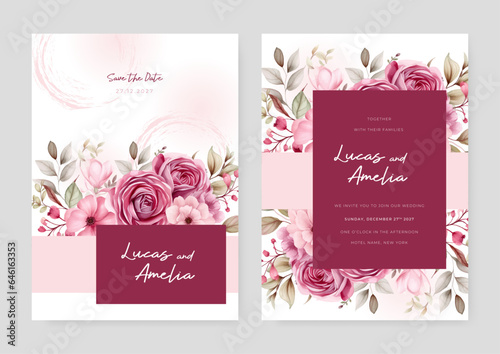 Pink rose and peony modern wedding invitation template with floral and flower