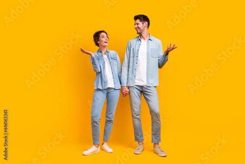 Photo of two people hold hands dating communicating on free time isolated shine color background