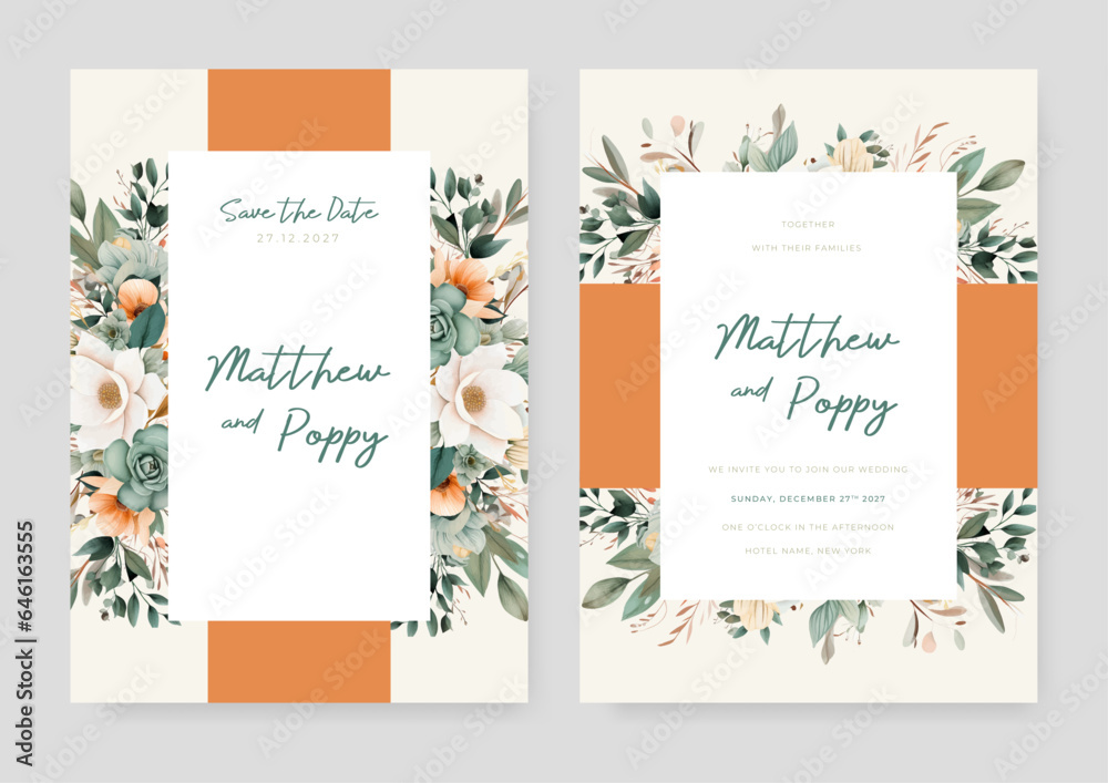 White green and orange rose modern wedding invitation template with floral and flower